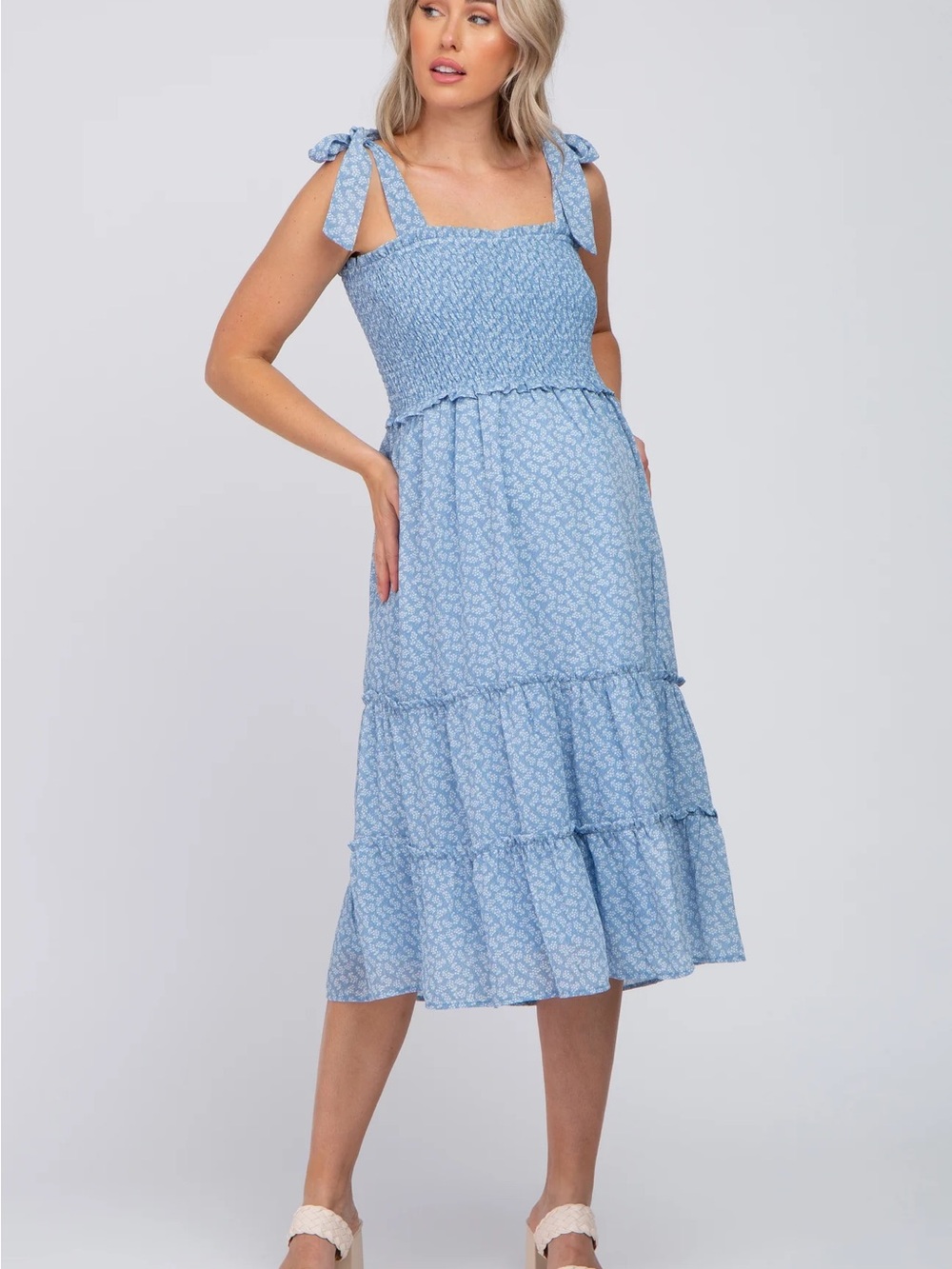 Light Blue Tie-Shoulder Smocked Midi Dress maternity